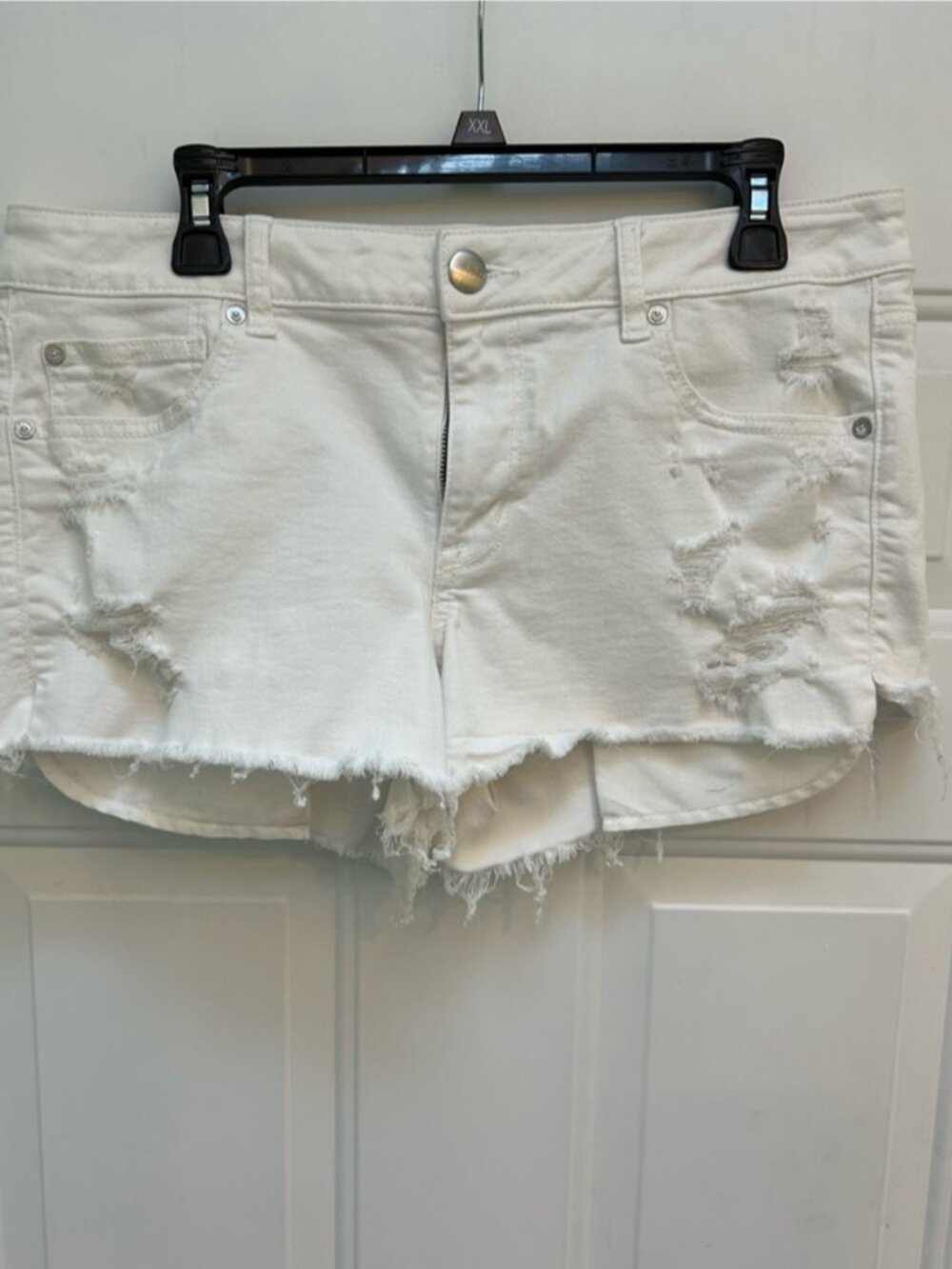 White Distressed Denim Super Stretch Jean Shorts 16